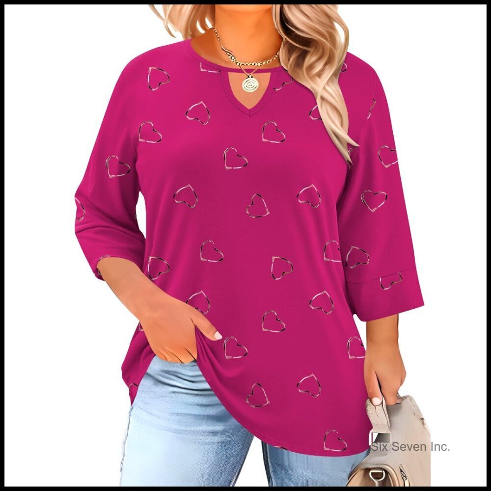 Plus Size Crewneck Keyhole Tunic Top 3/4 Sleeve Elegant Casual Blouse